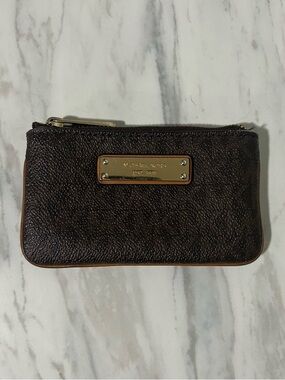 Michael Kors Dark Brown Logo Zip Card Case with Gold Plate